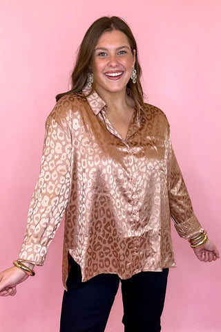 Plus size satin leopard button down top