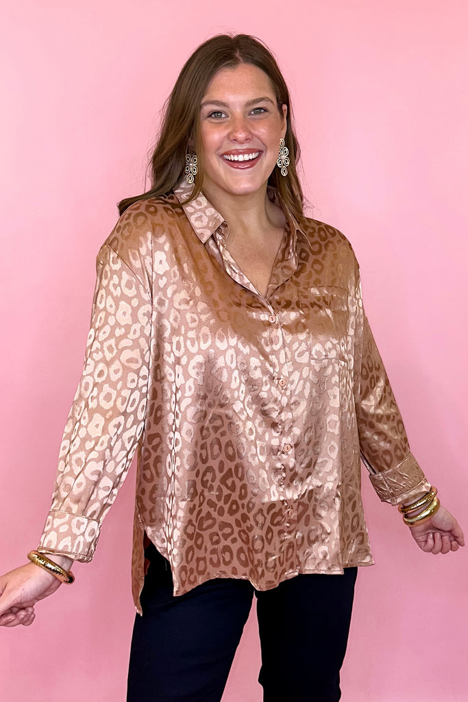 Plus size satin leopard button down top