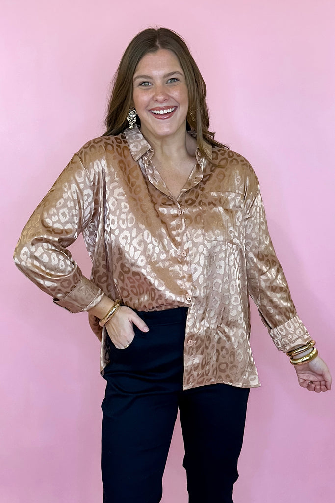 Plus size satin leopard button down top