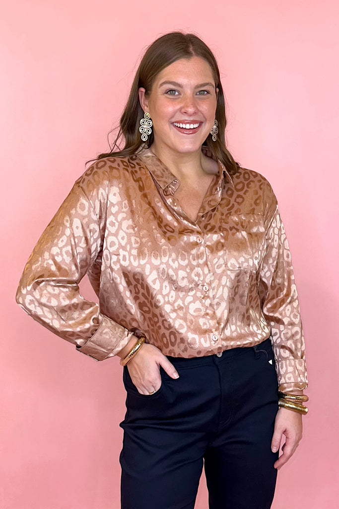 Plus size satin leopard button down top