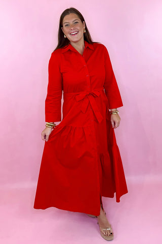 Red midi dress button down front