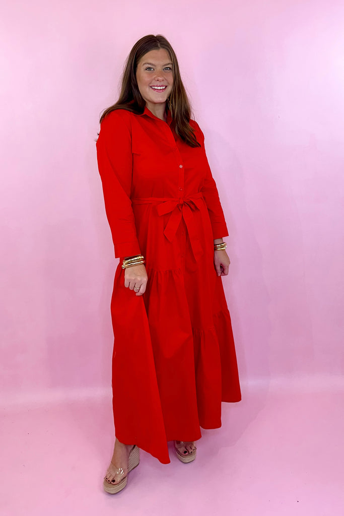 Red midi dress button down front