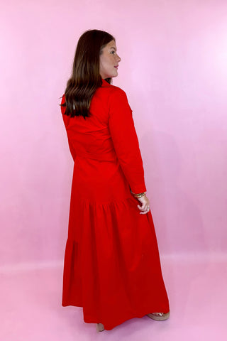 Red midi dress button down front