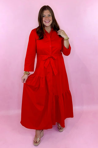 Red midi dress button down front