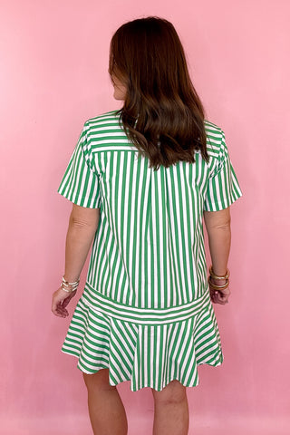 green striped dress with ruffle hemline coastal chic easy to style grandmillennial