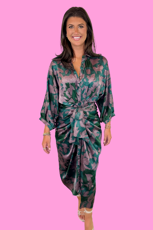 Green Floral Tie Front Kimono Dress