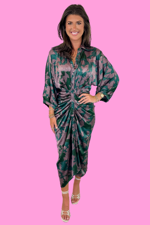 Green Floral Tie Front Kimono Dress