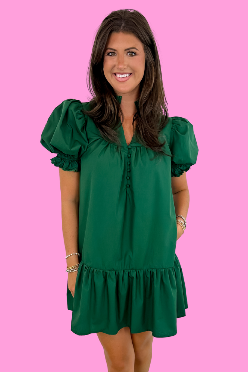 Green puff sleeve drop waist dress