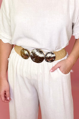 Hammered Triple Disc Raffia Belt Tan