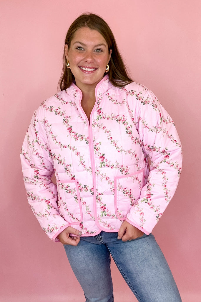 pink quilted floral jacket with pockets