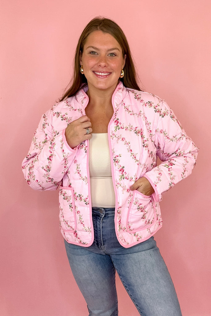 pink quilted floral jacket with pockets