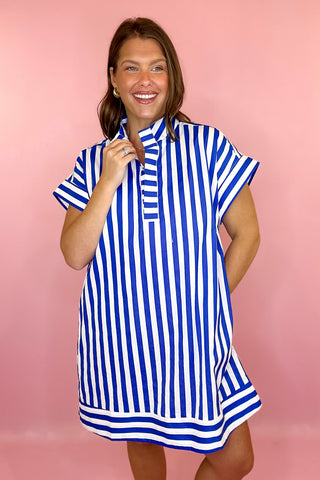 Here She Comes Striped Mini Dress Blue