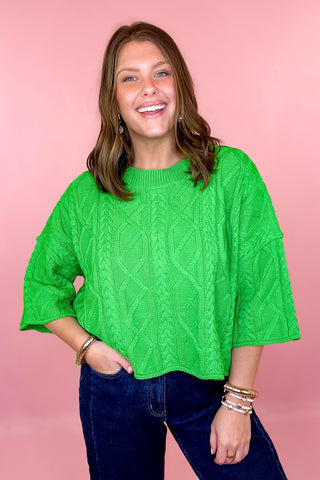 Cable Knit Short Sleeve Sweater Green
