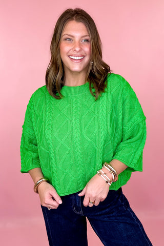Cable Knit Short Sleeve Sweater Green