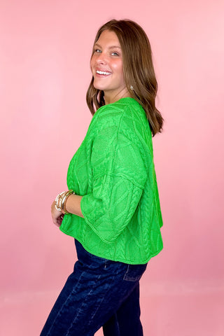 Cable Knit Short Sleeve Sweater Green