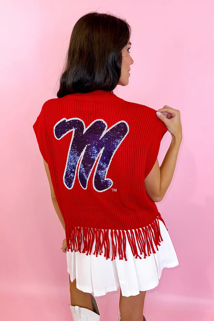 Queen Of Sparkles Ole Miss Hotty Toddy Fringe Sweater Vest