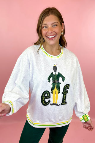 Queen Of Sparkles: Licensed Grey Sequin & Beaded Elf Logo Striped Neck And Cuff Sweatshirt