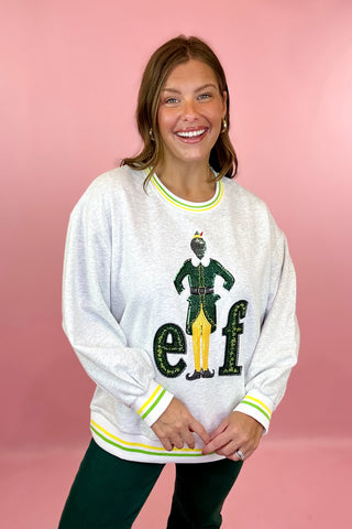 Queen Of Sparkles: Licensed Grey Sequin & Beaded Elf Logo Striped Neck And Cuff Sweatshirt