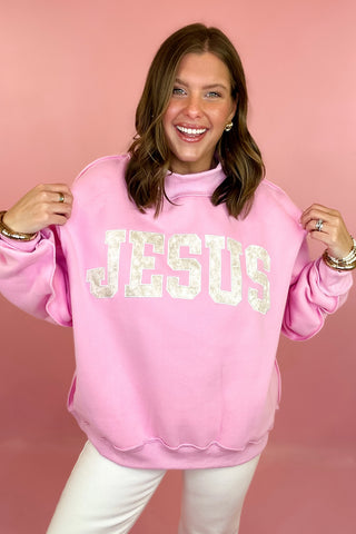 Jesus Camo Embroidered Mock Neck Sweatshirt Pink