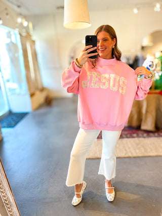 Jesus Camo Embroidered Mock Neck Sweatshirt Pink