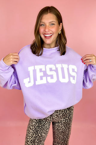 Jesus Embroidered Mock Neck Sweatshirt Lavender