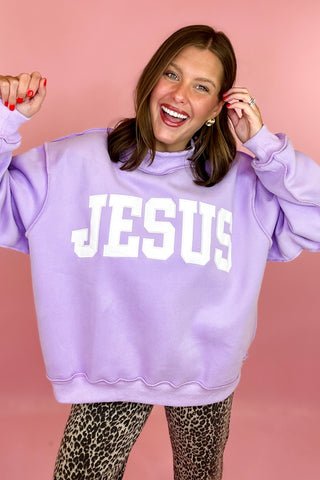 Jesus Embroidered Mock Neck Sweatshirt Lavender