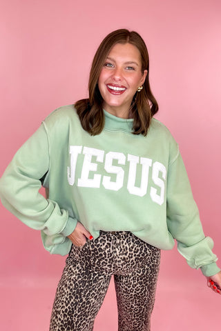 Jesus Embroidered Mock Neck Sweatshirt Sage