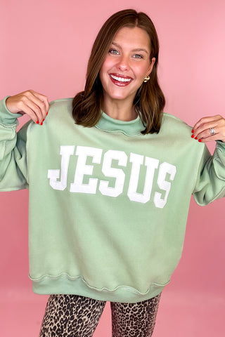 Jesus Embroidered Mock Neck Sweatshirt Sage