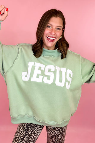 Jesus Embroidered Mock Neck Sweatshirt Sage