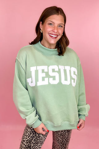 Jesus Embroidered Mock Neck Sweatshirt Sage