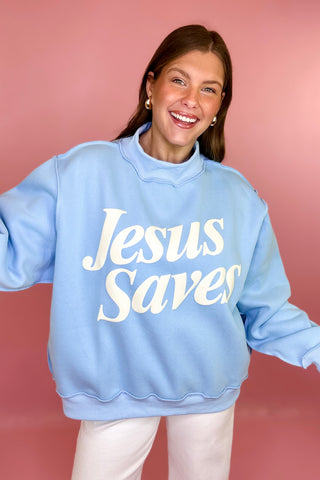 Jesus Saves Puff Mock Neck Sweatshirt Blue