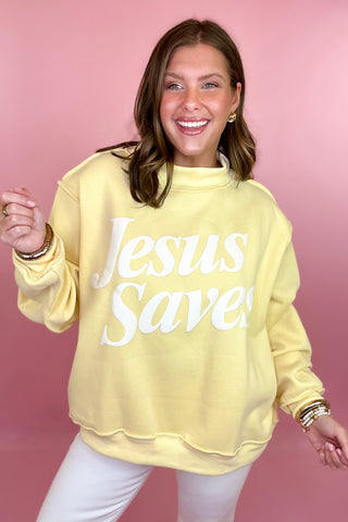 Jesus Saves Puff Mock Neck Sweatshirt Yellow