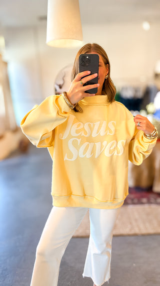 Jesus Saves Puff Mock Neck Sweatshirt Yellow