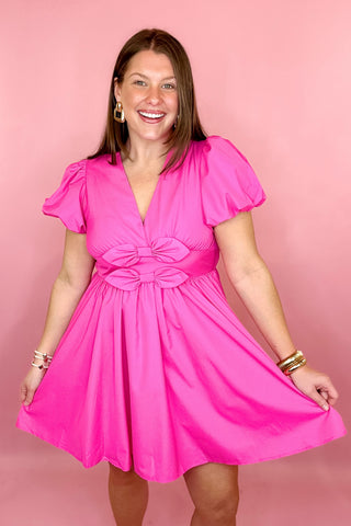 Bright pink bow front dress puff sleeves