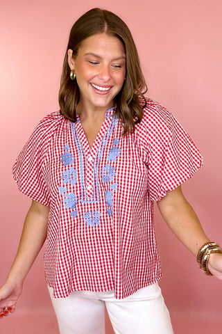 red and white checkered blouse with blue embroidery