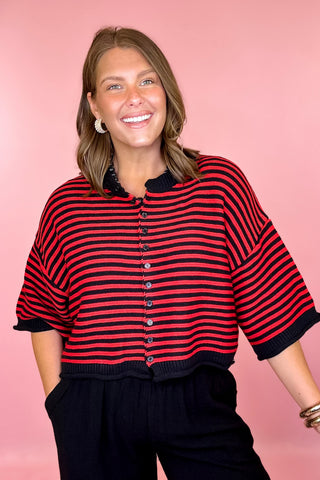 Just My Luck Striped Oversized Short Sleeve Cardigan Black/Red