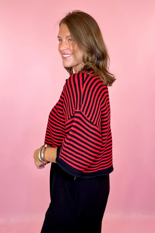 Just My Luck Striped Oversized Short Sleeve Cardigan Black/Red