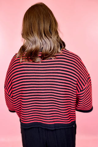 Just My Luck Striped Oversized Short Sleeve Cardigan Black/Red