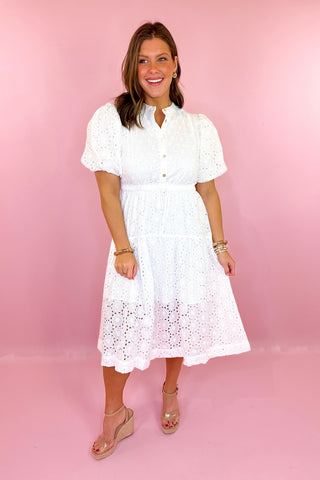 white cotton eyelet puff sleeve midi dress Eyelet Puff Sleeve Midi Dress