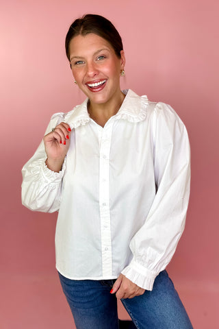 white ruffle collar button down top