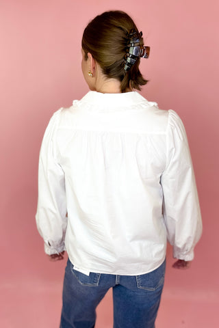 white ruffle collar button down top