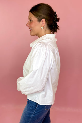white ruffle collar button down top