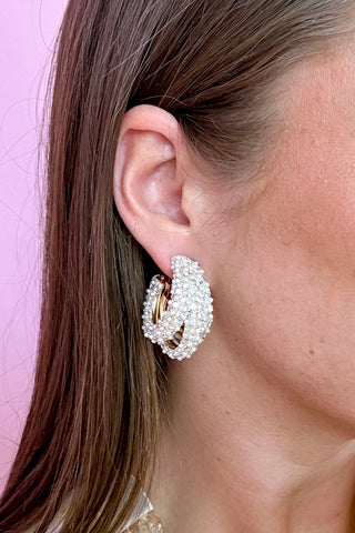 Layered Pave Pearl Hoops - Gold/Cream