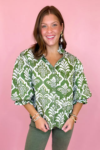 green printed button down top