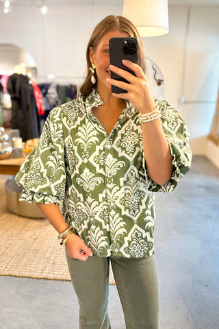 green printed button down top