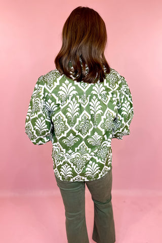 green printed button down top