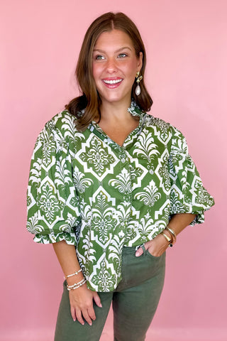 green printed button down top