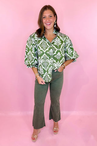 green printed button down top