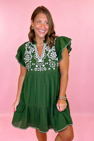  Embroidered Mini Dress- Hunter Green