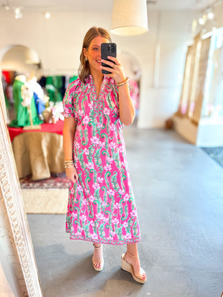 Tropical Floral Midi Dress Pink